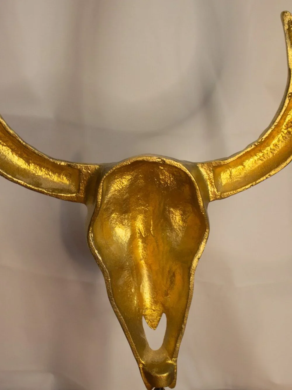 Gold Bull Skull Sculpture on Wood Base – Western Boho Décor – 14” Tabletop Metal
